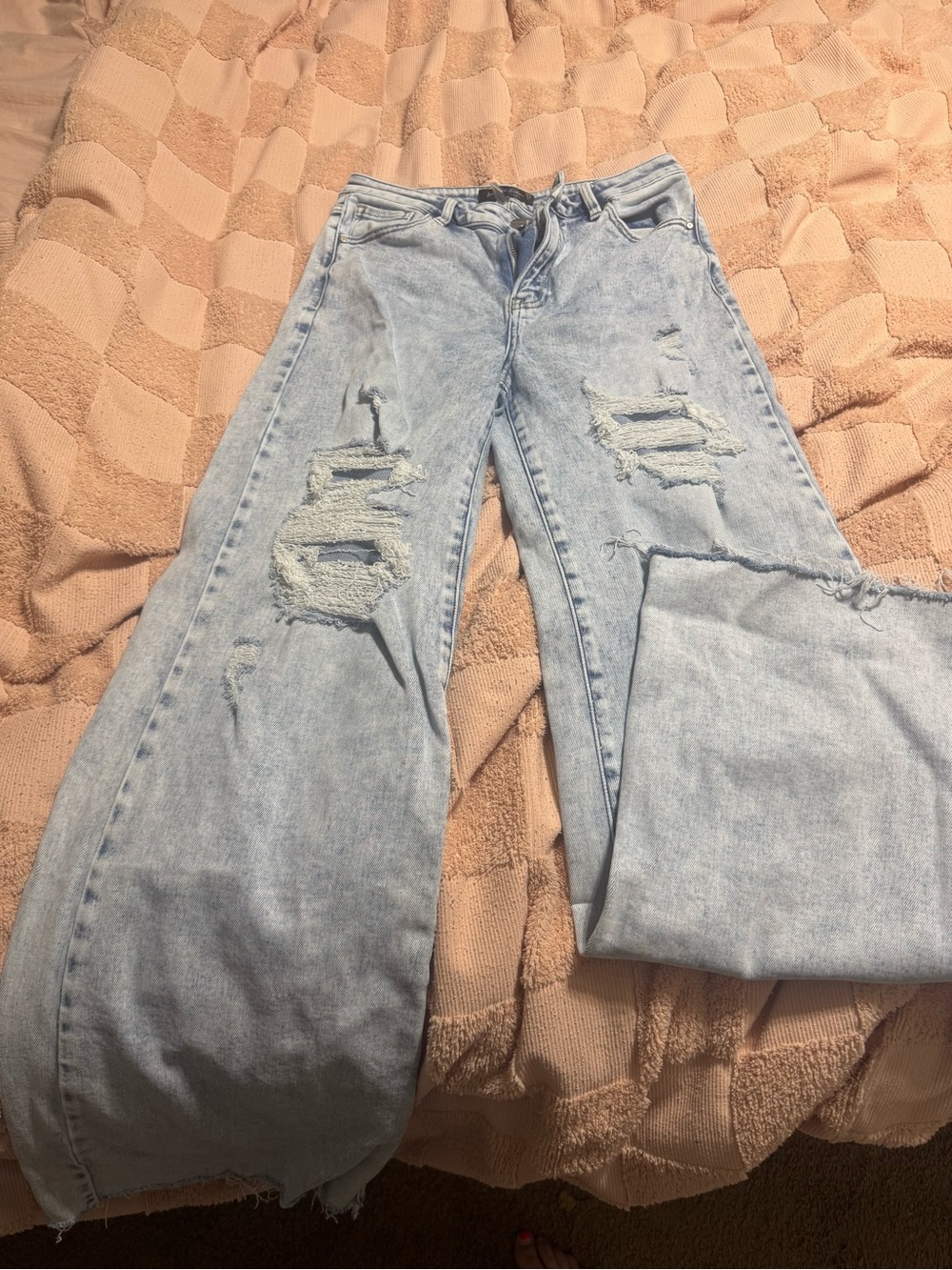 High-Rise Light Blue Distressed Wide-Leg Jeans